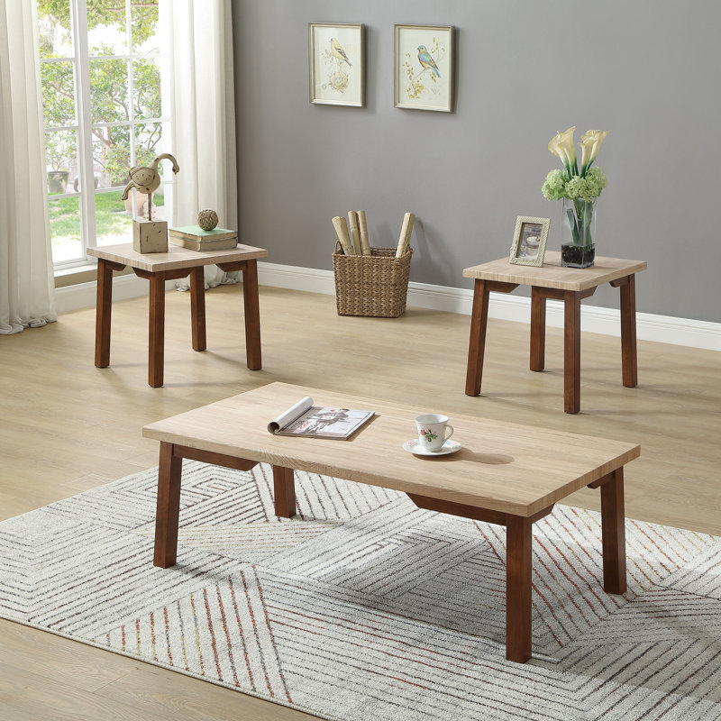 Ensemble de 3 tables basses beiges et brunes 3 pièces Table de bout rectangulaire et 2 tables de bout, Beige, Brun