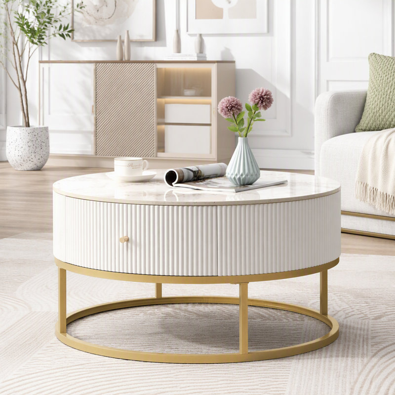Table basse ronde moderne avec tiroirs et revêtement en faux marbre