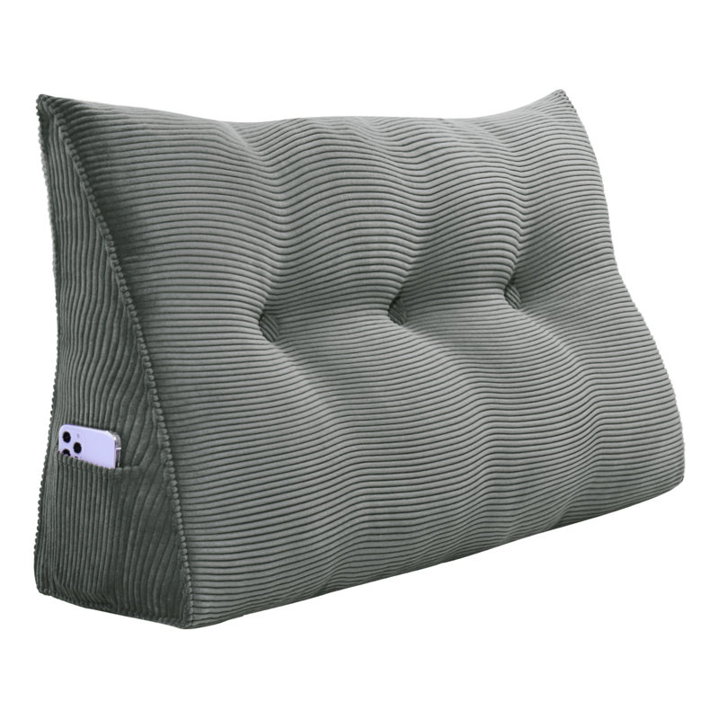 Sit-up Back Comfort Corduroy Bed Headboard Wedge Reading Pillow Triangular Backrest, 20"H x 39"W, Gray