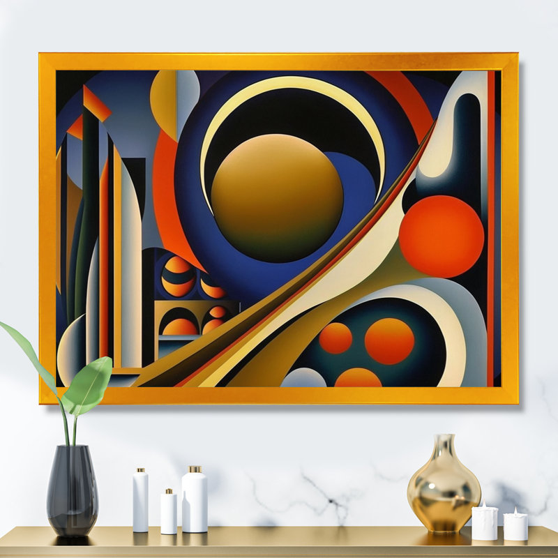 Circular Retro Dynamics III - Art mural moderne sur toile géométrique, L 20 po x H 12 po, Cadre d'angle fermé doré
