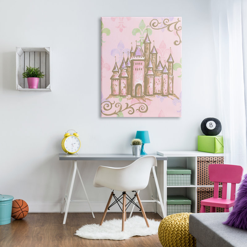 Château avec fleur de lis sur fond rose, Toile tendue, H 48 po x l 36 po