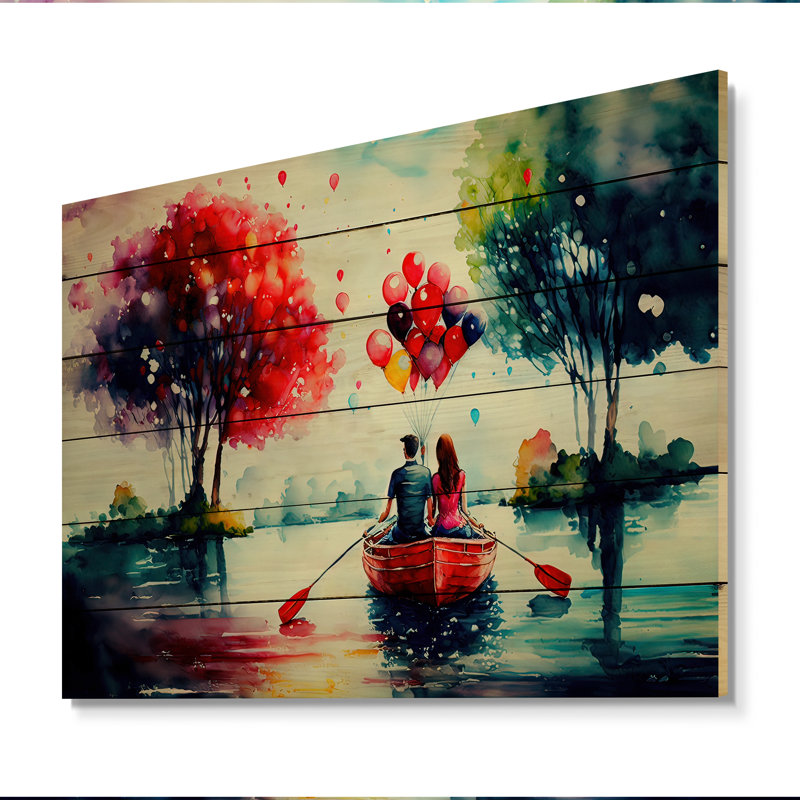 Couple romantique sur l'eau I - impression sans cadre sur bois, H 12 po x l 20 po x P 1 po