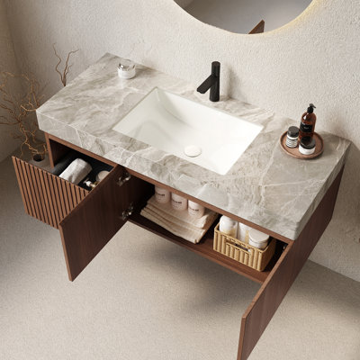48" Light Gray Sintered Stone Countertop And Undermount Ceramic Basin With One Standard Pre-Drilled Faucet Hole, NO Cabinet, NO Faucet And Sink Cover