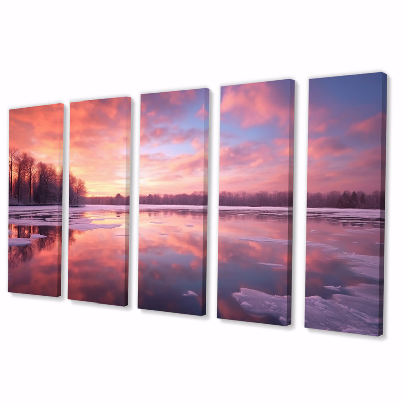 Exquis soleil pastel sur lac glacé d'hiver III - reproduction d'art sur toile - 5 panneaux égaux