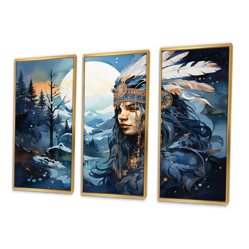 «Night Iroquois Queen Expression - Native American», ensemble d'art sur toile, Cadre flottant doré