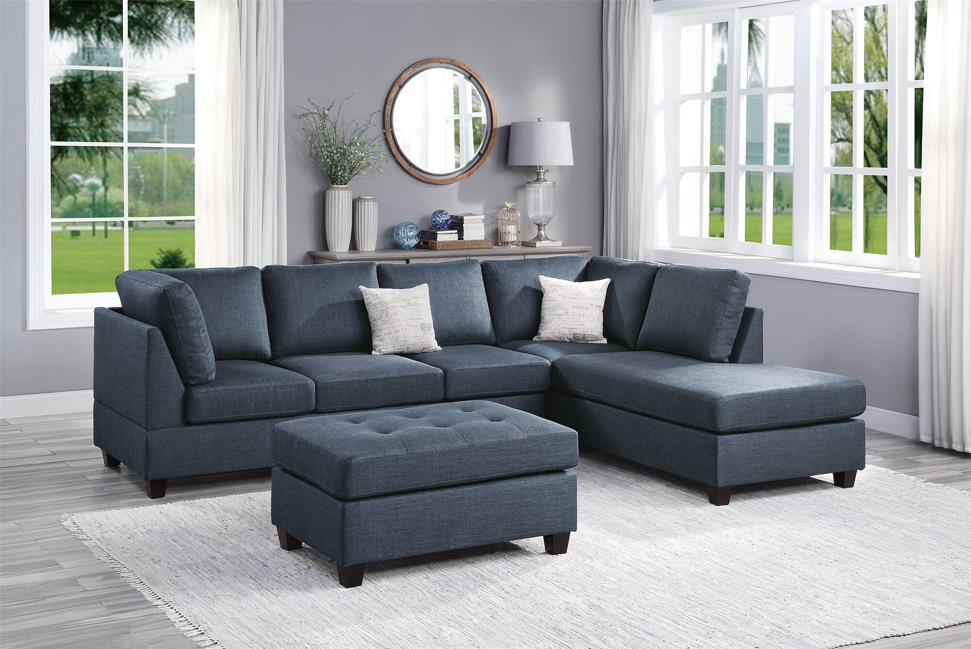 Reversible sofa & chaise shop with ottoman