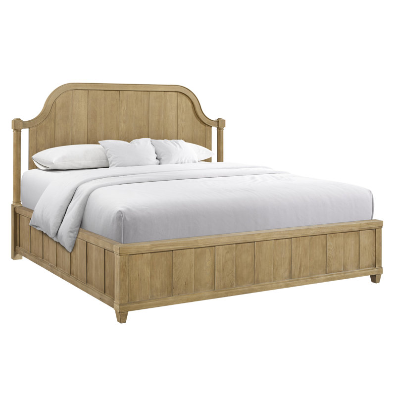 Grand lit à panneau grand avec placages et couleur cajou, tête de lit arquée et moulure subtile, bois massif et bois massif, profondeur de 89,35 po, largeur de 67,67 po, hauteur de 61,5 po