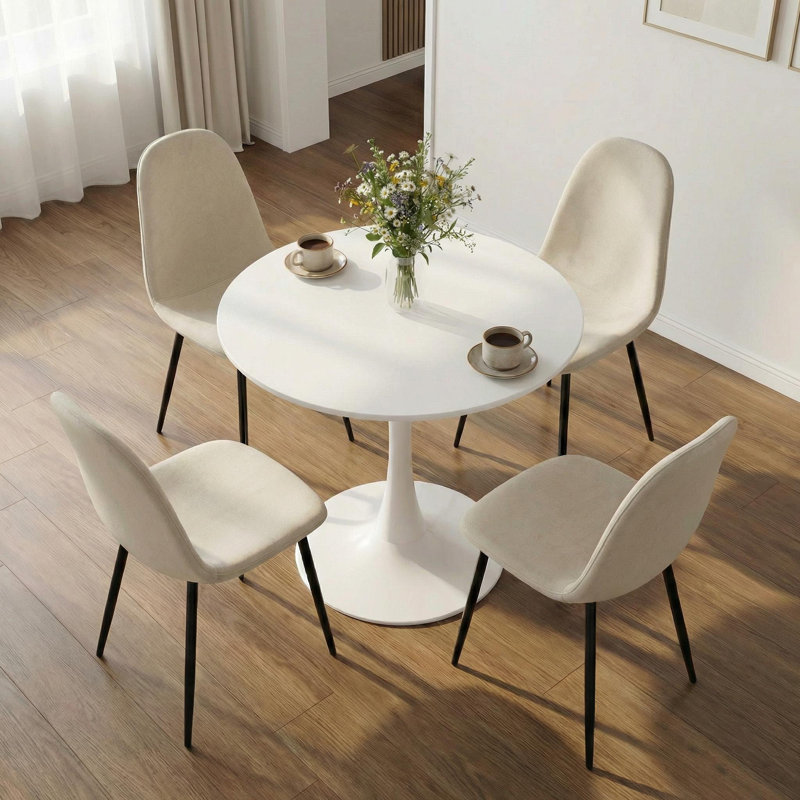 5-piece Mid-century Modern Dining Set, 31.5" Round Dining Table With 4 Beige Linen Upholstered Chairs