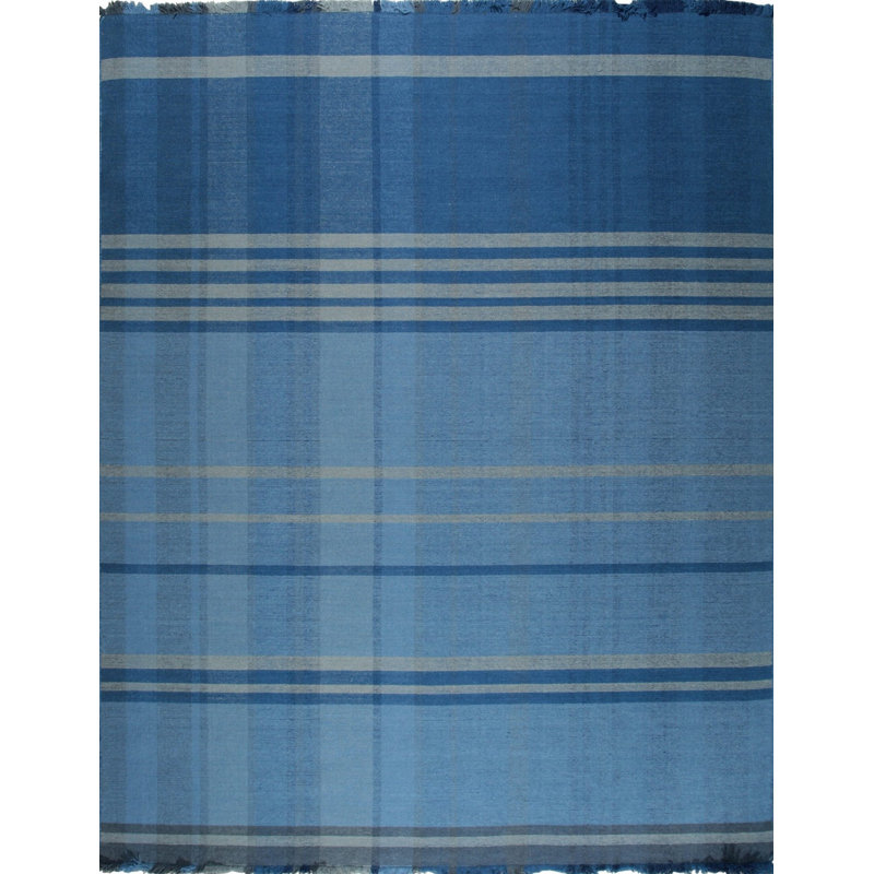 Blue Hand-Knotted Wool Subtle Striped Plaid Geometric Modern Contemporary Carpet Rug, 10' x 14'