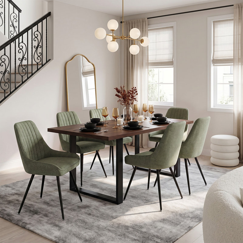 Audna 6-Person Upholstered Dining Set, Walnut, Green