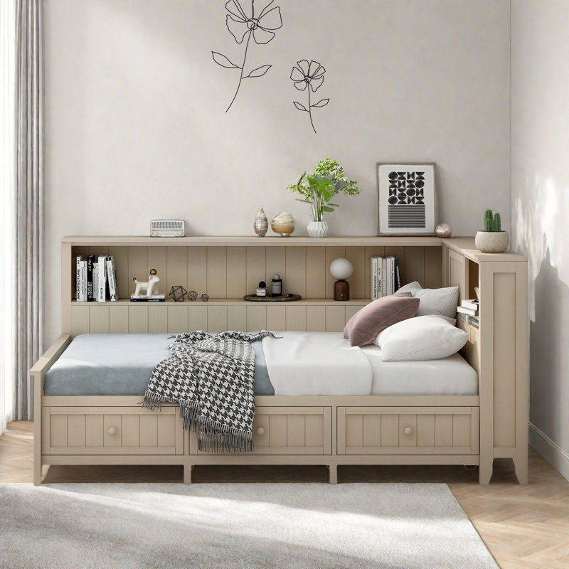 Lit de jour en bois avec tablettes de rangement, portes coulissantes et 3 tiroirs, Lit simple