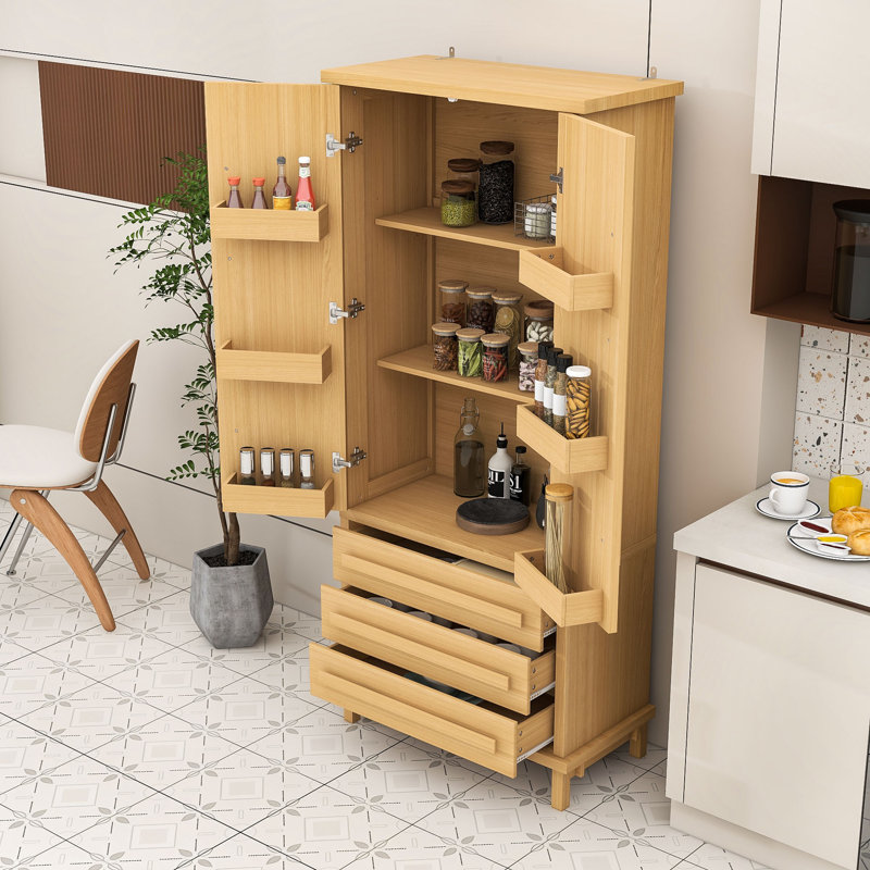 Grand garde-manger autoportant avec tablette réglable, tiroirs de rangement et support anti-basculement, Naturel