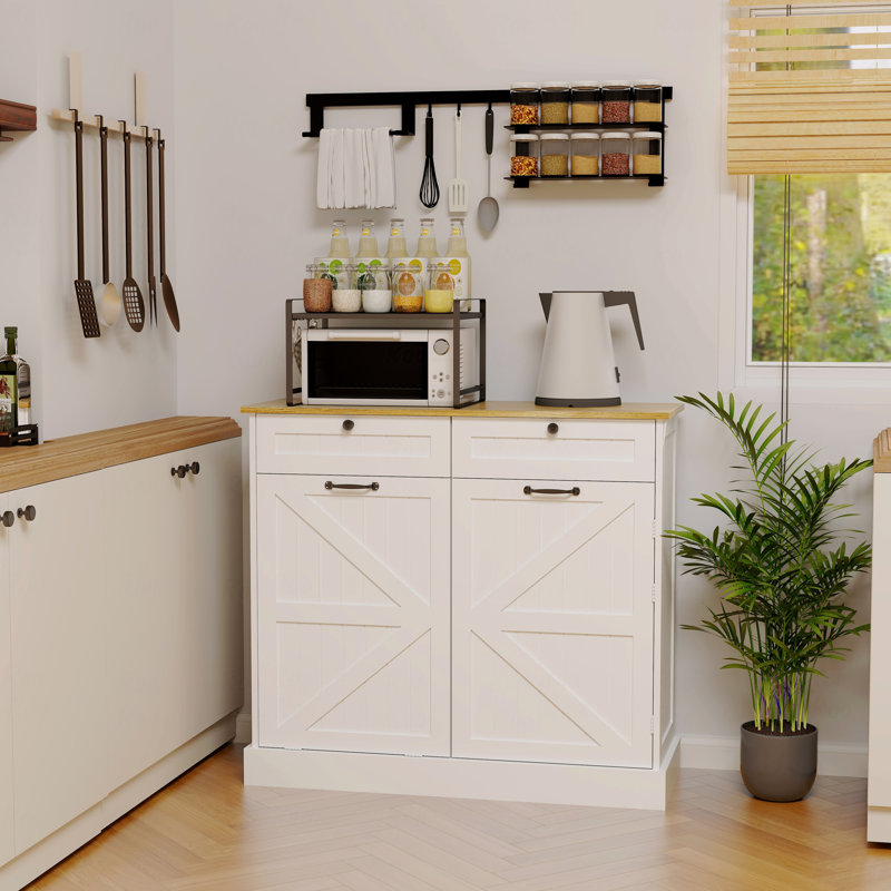Armoire de rangement, 1 porte, poubelle de cuisine avec 2 tiroirs et poubelle rabattable avec support et 2 tablettes
