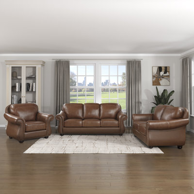 Neodesha Traditional Top Grain Leather 3-Piece Living Room Set with Sophisticated Nailhead Trim, Exposed Wood Feet & Pocket Coil Seating