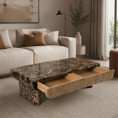 Table basse - 47 po - Faux marbre texturé en bois de noyer - Rectangulaire - Tiroir cannelé - Contemporain