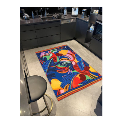 Tapis bleu à motif perroquet lavable à la machine