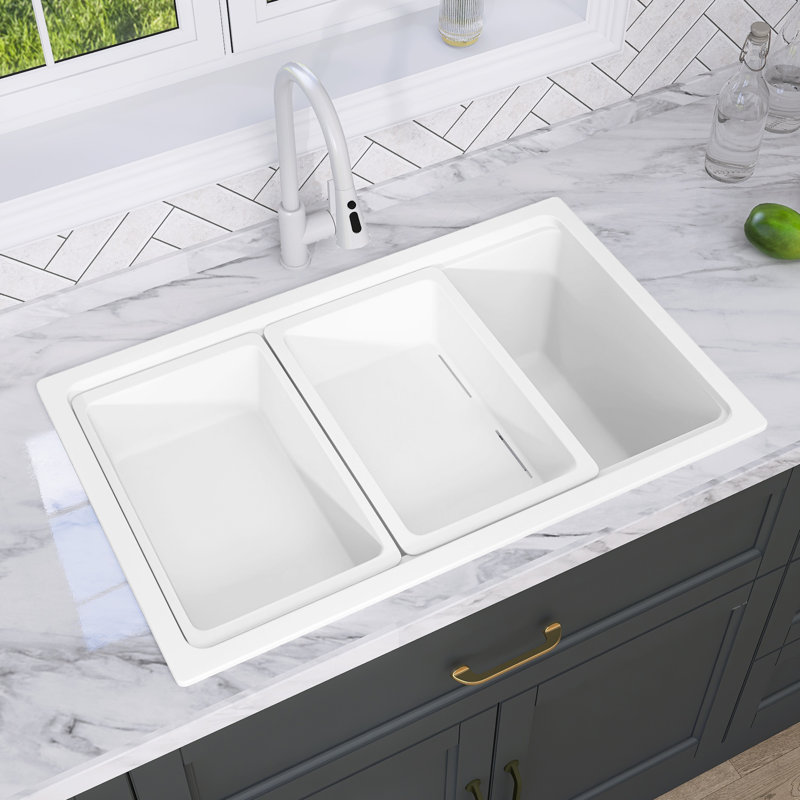 Évier de cuisine en granite simple 27 po x l 19 po avec évier de préparation et passoire - solution de cuisine durable, élégante et multifonctionnelle