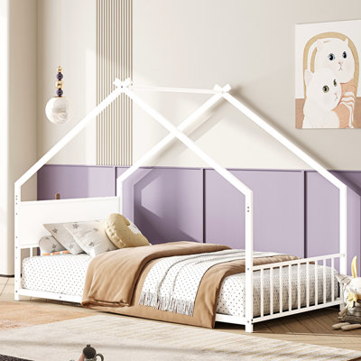 Twin Size House Bed with Roof and Colorful Lights, Metal Bed Frame with Slats and Legs, House Bed for Boy, Girls and Young Teens, No Box Spring Needed (White)