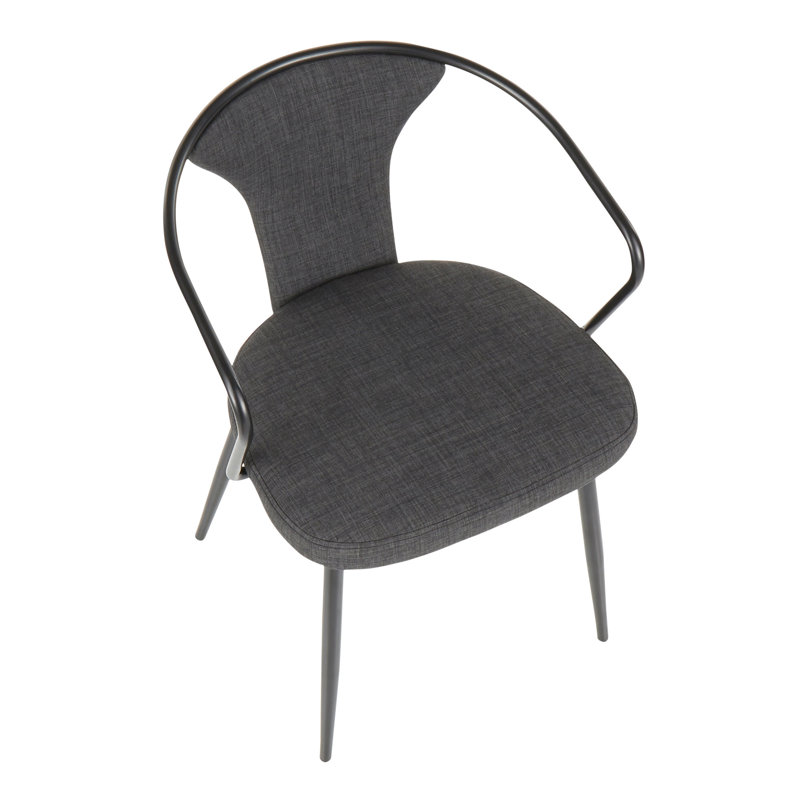 Chaise rembourrée en métal noir et tissu gris foncé.