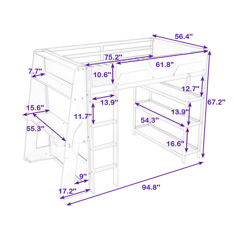 Full Size Loft Bed with Side-Mounted Desk, LED Lighting and Storage Shelves, Black/Blue