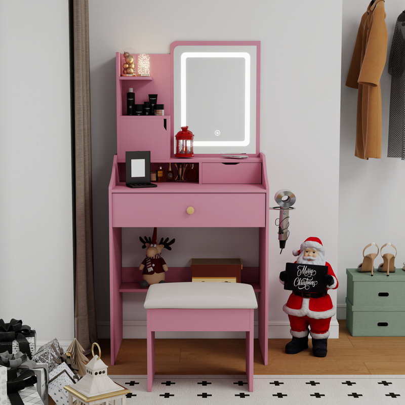 Ensemble de coiffeuse avec miroir lumineux à DEL, bureau de maquillage avec tiroirs, prises de courant, tabouret de rangement, tablettes de rangement et support pour sèche-cheveux