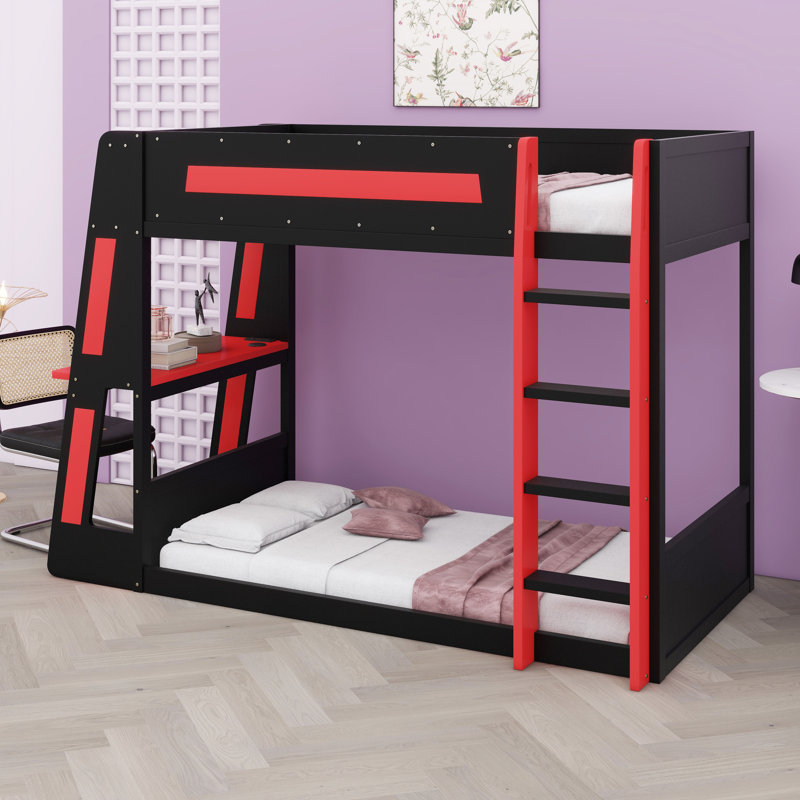 Lit superposé en bois avec bureau, Noir / Rouge