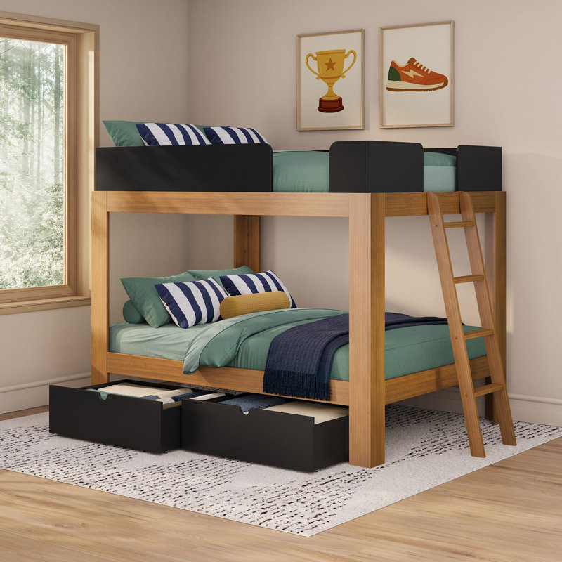 Mid-Century Modern Full Over Full Bunk Bed with Storage Drawers, Pecan/Black
