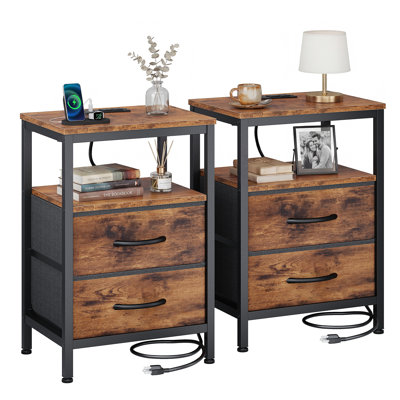 Nightstand with Charging Station and 2 Fabric Drawers, Bedside Table with USB Ports and Outlets, End Table with Open Shelf