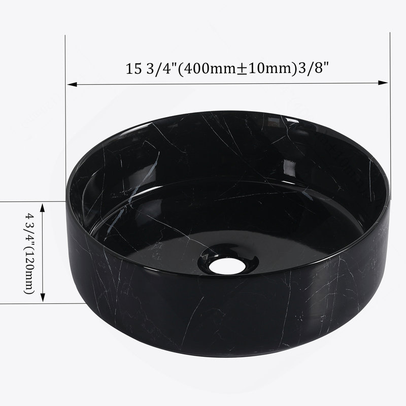 Lavabo de salle de bain rond en céramique sur fond noir avec motifs blancs, Noir