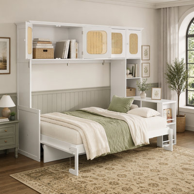Murphy Bed with Desk and Rattan Storage Cabinets