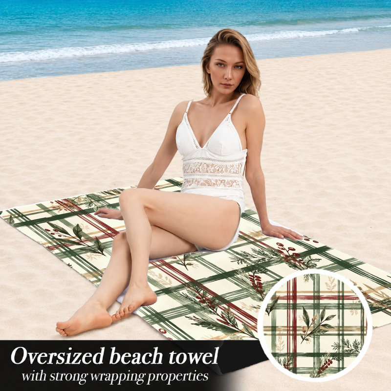 1Pcs Plaid Botanical Beach Towel, featuring a rustic pattern with leaf and berry accents in green, red, beige tones. Large microfiber, ideal for, swimming, travel, camping, unisex.