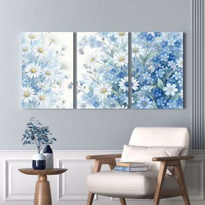 Daisy And Forget Me Not Floral Canvas Wrapped Wall Art Oil Painting Print Set Of 3