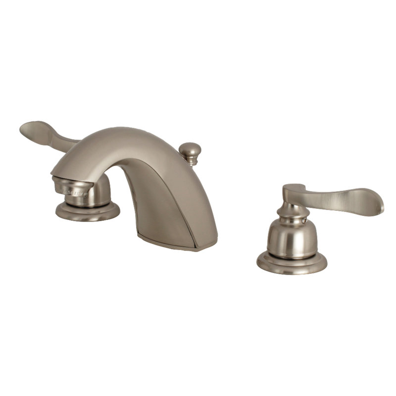 Kingston Brass NuWave French Two-Handle 3-Hole Deck Mount Widespread Bathroom Faucet with Retail Pop-Up Drain, Brushed Nickel