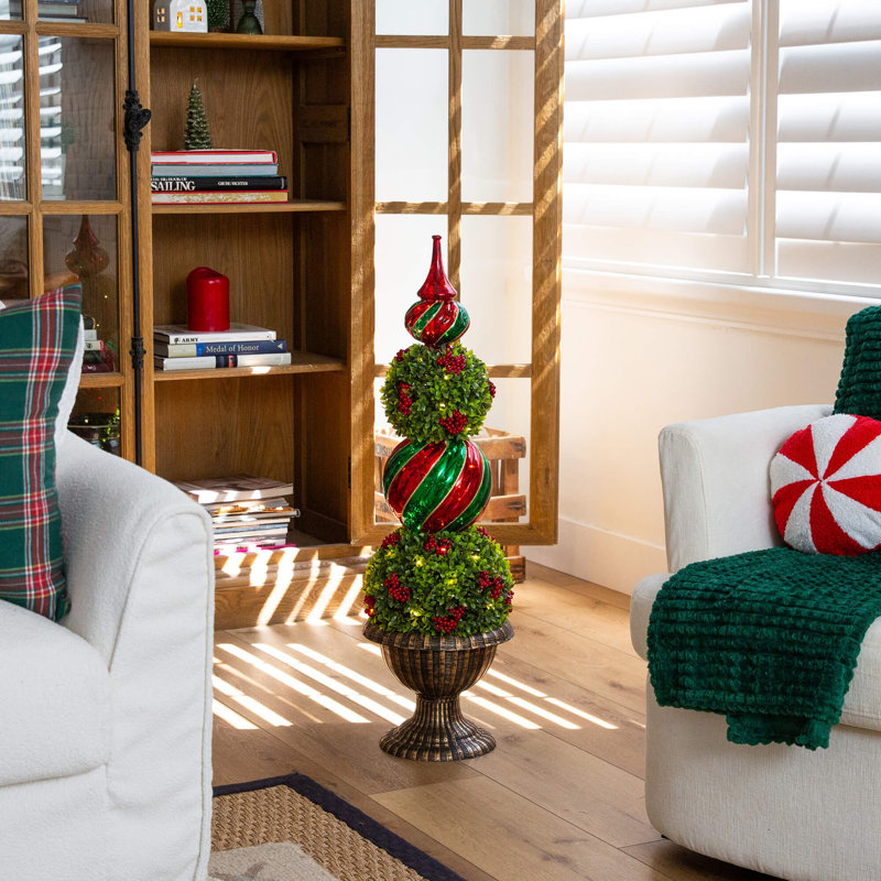 3Ft. Pre-Lit Artificial Christmas Ornament Boxwood Topiary Tree With 70 Warm White LED Lights