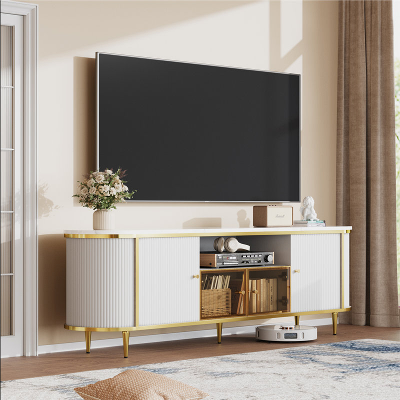 Luxury 70" Fluted Tv Stand, Modern Entertainment Center For Tvs Up To 80”, Tv Console With Faux Marble Tabletop, Curved Profile Design, Media Console For Living Room