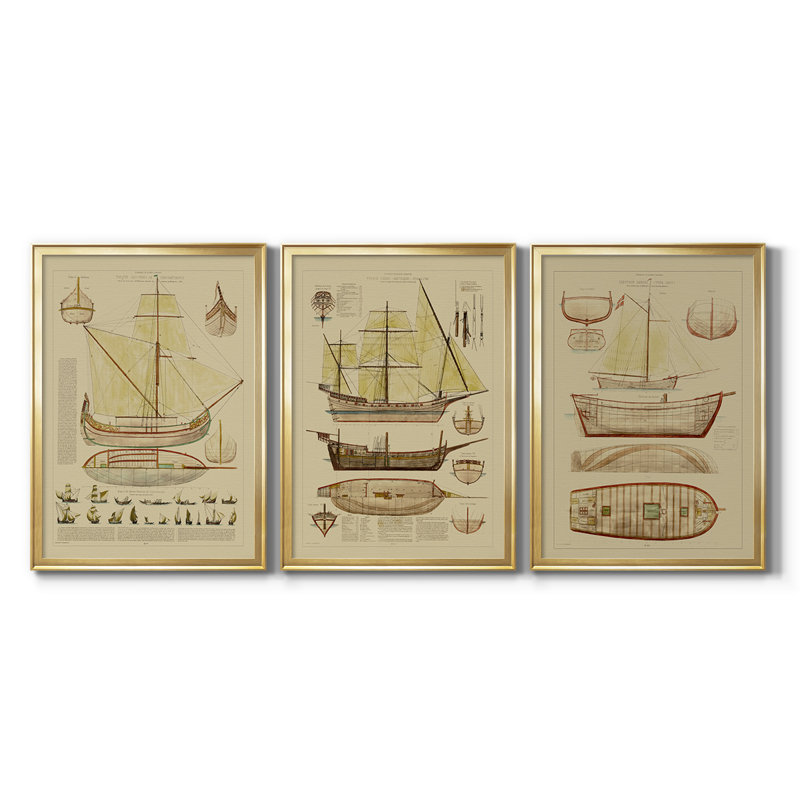 Antique Ship Plan I - Toile tendue avec châssis sur mesure - 3 pièces, H 19 po x l 27 po, Doré