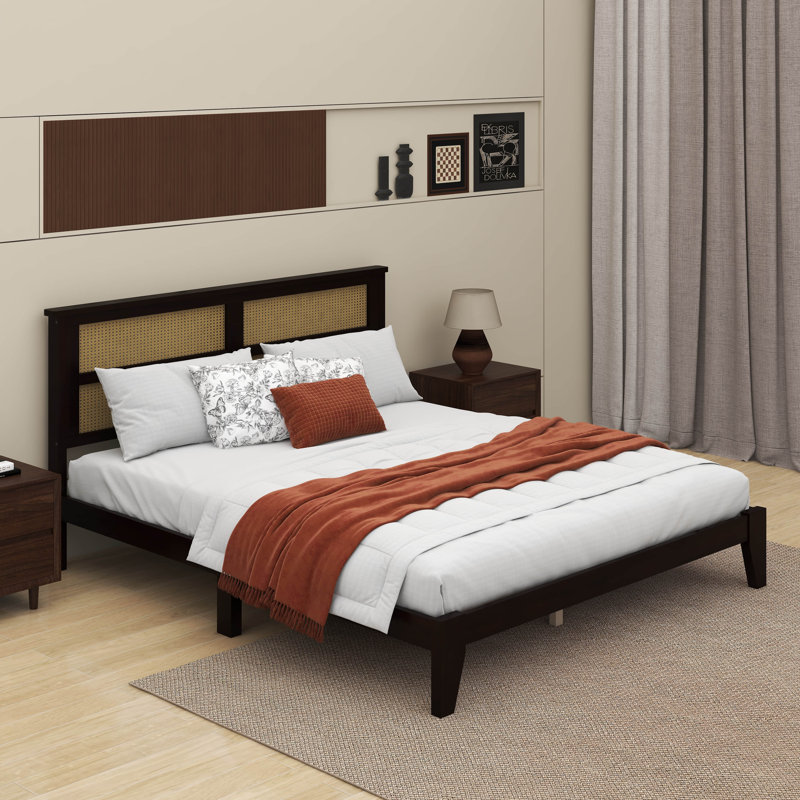Queen Size Rubber Wooden, Solid Wooden Bed With Rattan Headboard, Enhanced By Support Feet, Espresso