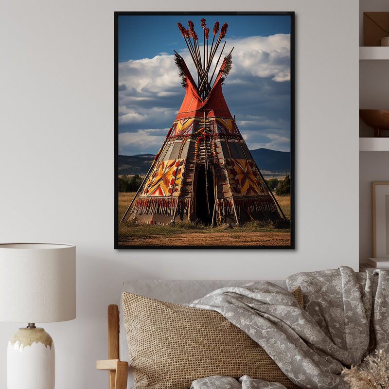 Tipi amérindien harmonie des prairies - Imprimé, Cadre flottant noir, H 20 po x l 12 po x P 1 po