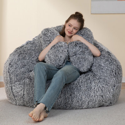 Large Compressed Plush Bunny Bean Bag Sofa | Soft Faux Fur, Floppy Long Ears & Attached Tail, Oversized Adult Relax Chair
