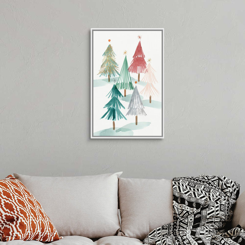 Arbres de Noël II - reproduction d'art sur toile, H 32 po x l 22 po x P 1,75 po, Cadre blanc