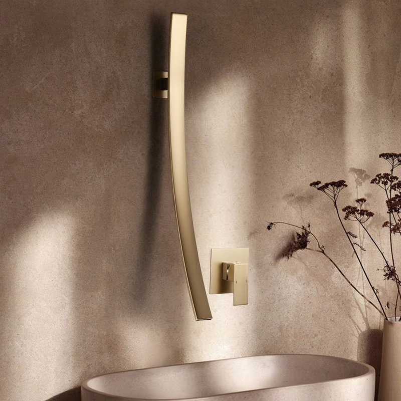 Robinet de lavabo de salle de bain mural avec poignée simple et drain optionnel, Or brossé, Avec drain