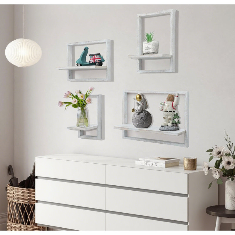 Square Floating Shelves Set Of 4, Modern Wall Shelf For Decorative Display, Sturdy Wood Frame For Living Room, Bedroom, Bathroom, Farmhouse Home Decor