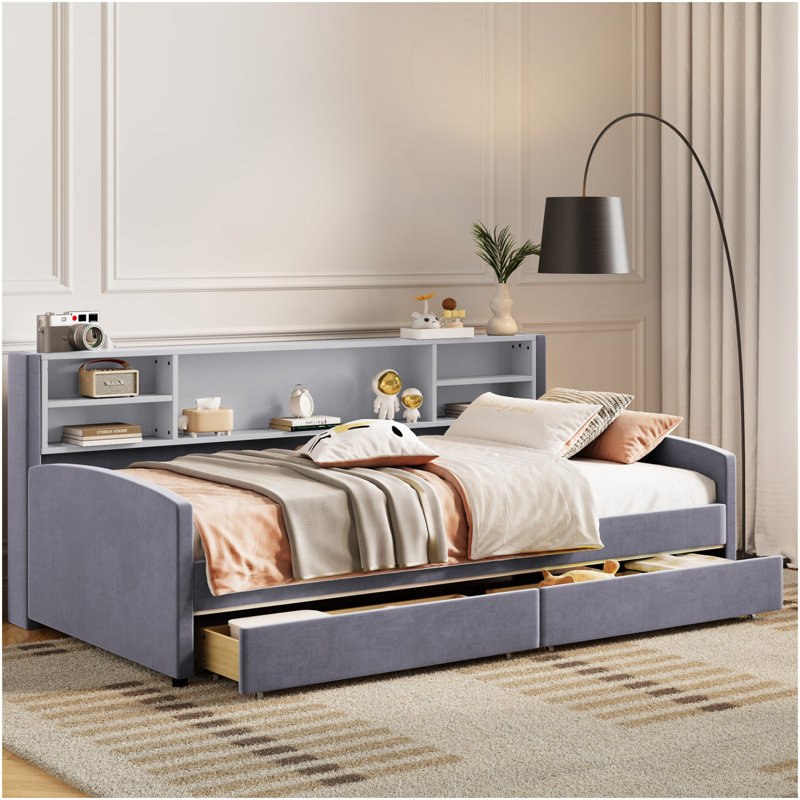 Lit plateforme simple tapissier avec rangement et tiroirs, gris, Gris