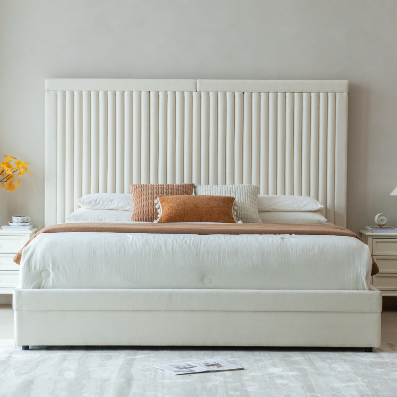 Lit plateforme capitonné avec tiroirs de rangement, haute tête de lit capitonnée, sommier non nécessaire, King, Cream