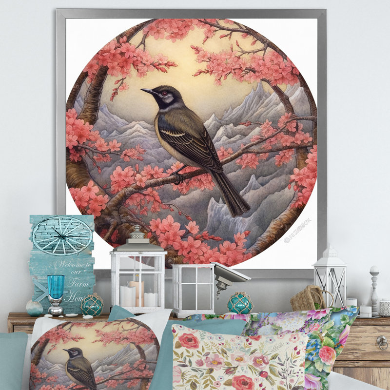 «Finches Brid On Blossom Apple II», reproduction d'art sur toile, Cadre simple argenté, H 36 po x l 36 po x P 1,5 po
