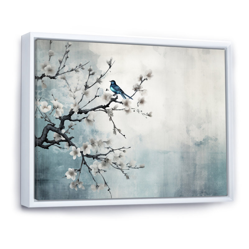 Art asiatique, Sumi oiseau sérénité, art asiatique, H 16 po x l 32 po x P 1 po, Cadre flottant blanc