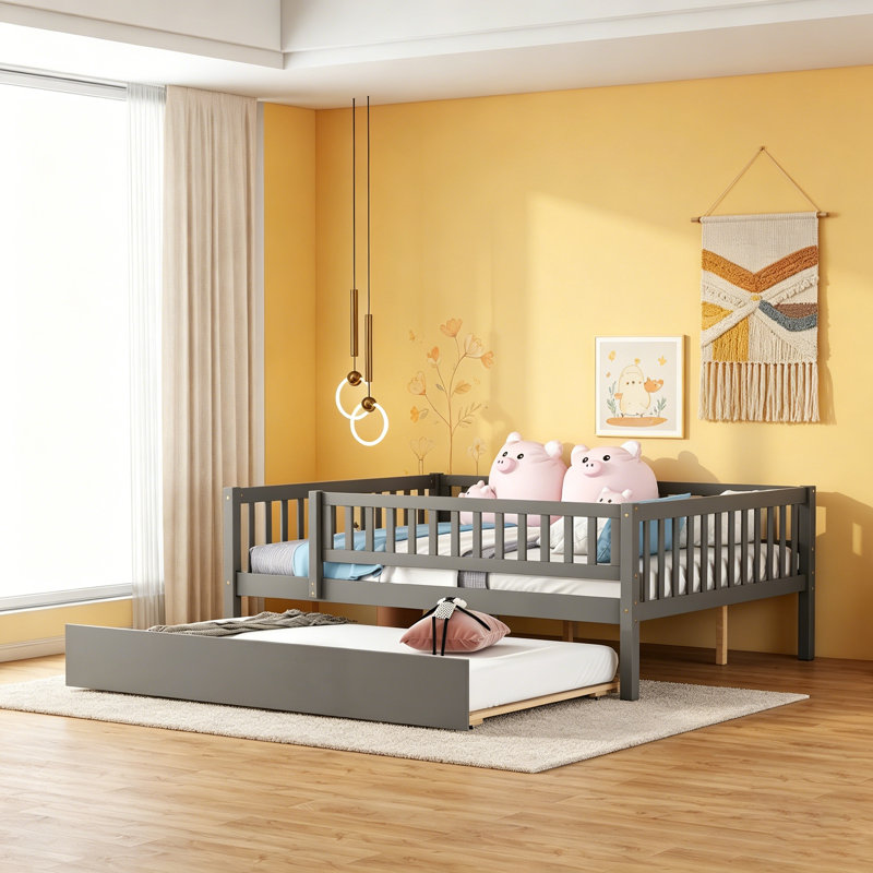 Lit de jour en bois pleine grandeur avec couchette et garde-corps, design gris, peu encombrant et durable pour les chambres à coucher modernes