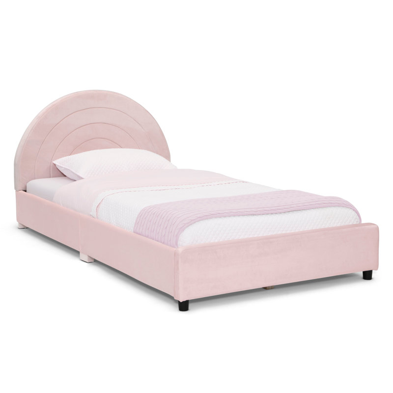 Delta Children Upholstered Twin Size Bed With Round Headboard, Premium Wood Slat Support, No Box Spring Needed, Easy Assembly, Pink/Velvet Piping