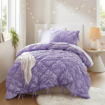 2pcs Twin Comforter Featuring Purple Textured Floral, Tie Accents, Cloud - Like Softness, Breathable Microfiber Floral With Microfiber, All Season Comfort, Machine Washable