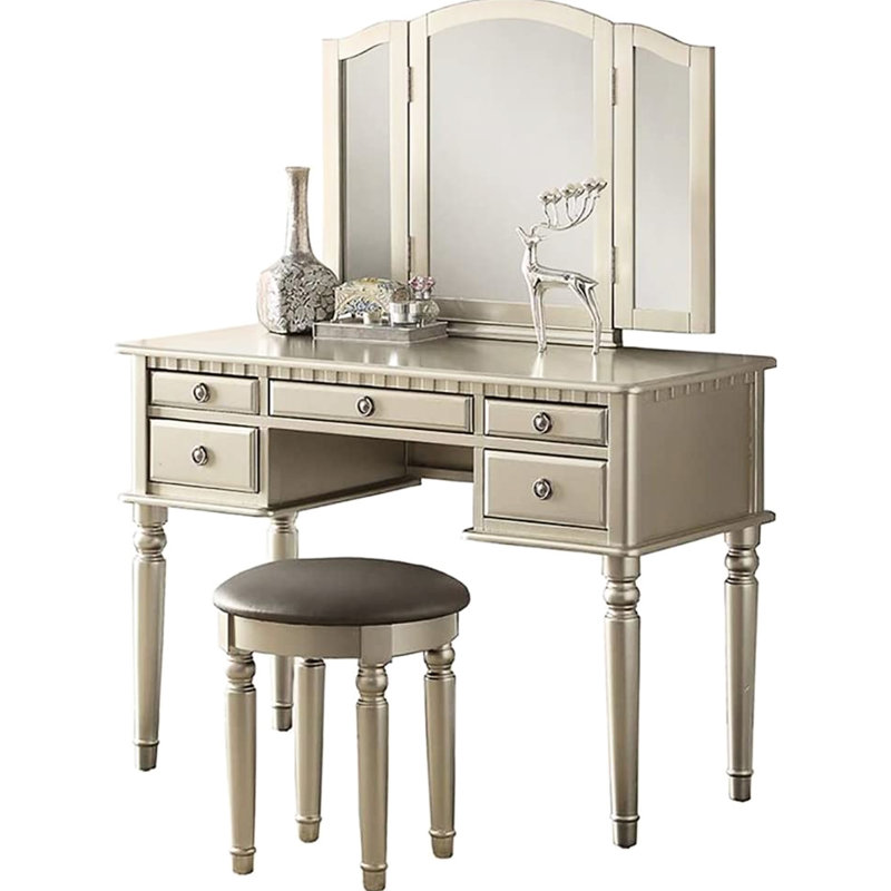 Meuble-lavabo de style classique - argenté, 5 tiroirs, tabouret inclus, fabrication en bois d'hévéa de couleur argent contemporaine, miroir pliable, rangement de tiroir